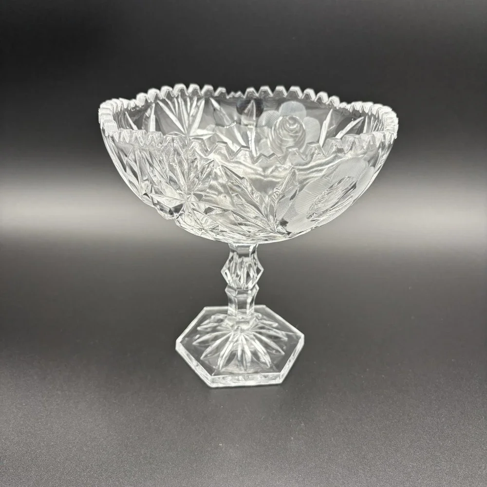 Crystal Cut Glass Pedestal Compote Rose Pattern‎ Scalloped 6 Side Base 7